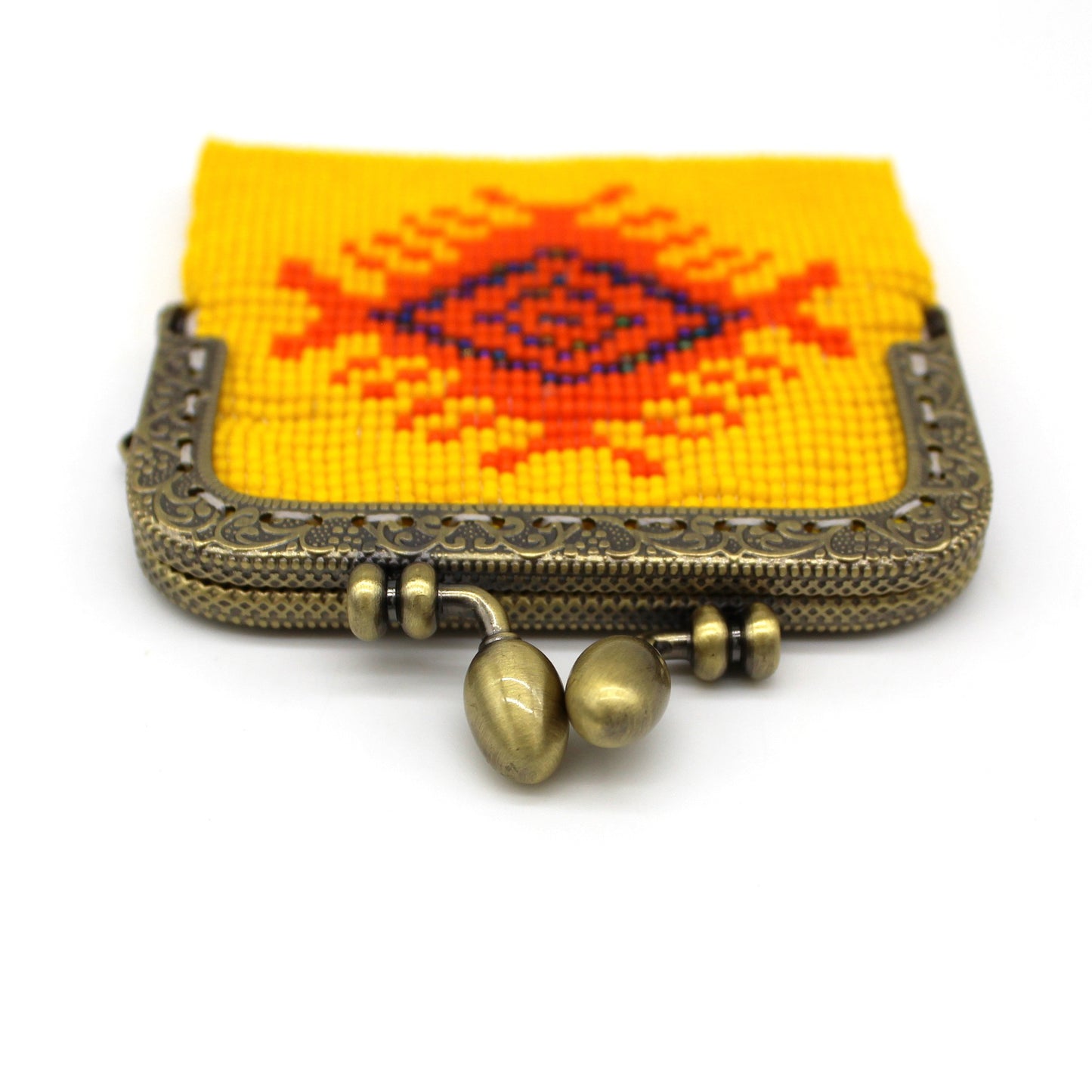 Glass bead coin purse with metal frame - Yellow Eye