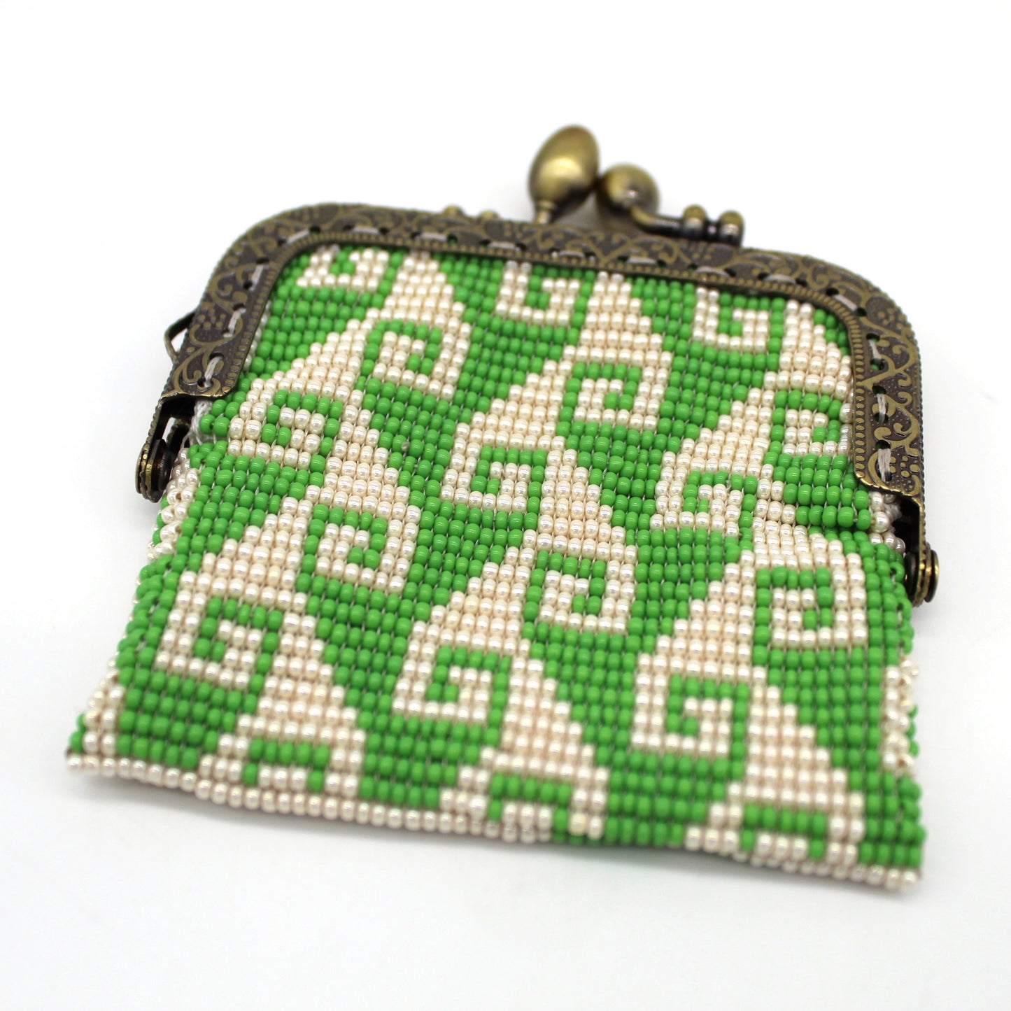 Glass bead coin purse with metal frame - Storm Green