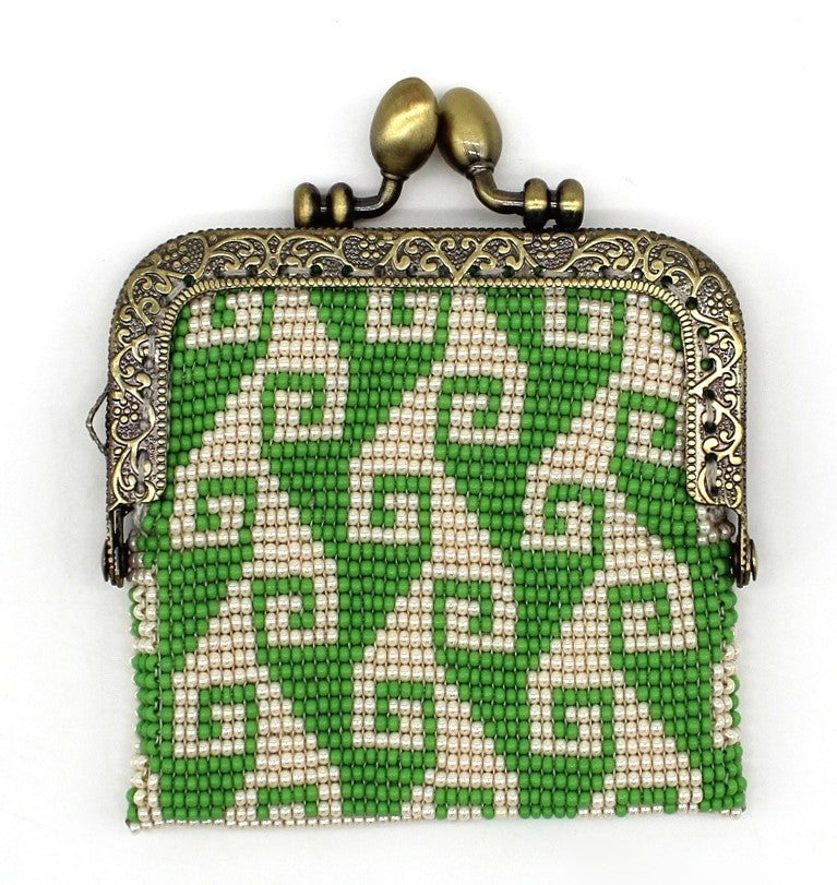 Glass bead coin purse with metal frame - Storm Green